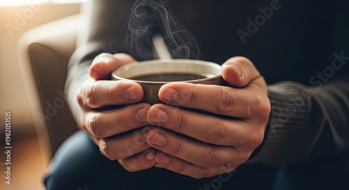 A person holding a steaming cup of coffee in their hands.