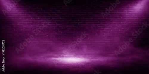 Abstract a mysterious setting of a dimly lit, purple stage illuminated by spotlights, exuding an air of intrigue and dramatic flair. 