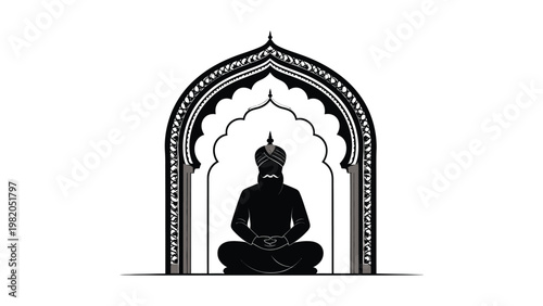 A serene silhouette of a meditating figure in an ornate archway.