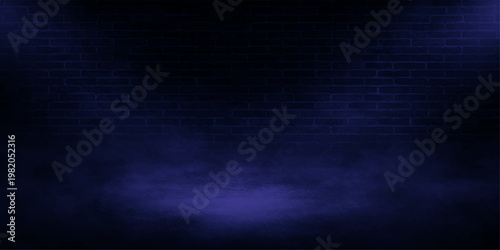 Abstract a mysterious indigo-toned ambiance with an elegant brick wall. The atmospheric fog adds an intriguing element. perfect for adding depth and texture.