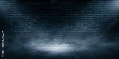 Abstract a dark, moody brick wall forms the backdrop, creating an atmospheric scene. a mysterious fog hugs the ground, illuminated by dramatic spotlighting. evoking a sense of suspense and intrigue.