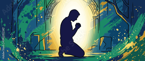 Praying Silhouette in Sacred Light Illustrates Serene Spiritual Reflection