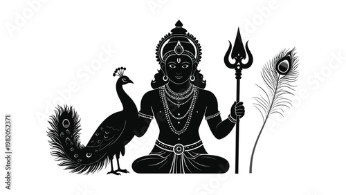 Hindu deity Murugan with peacock and feather.