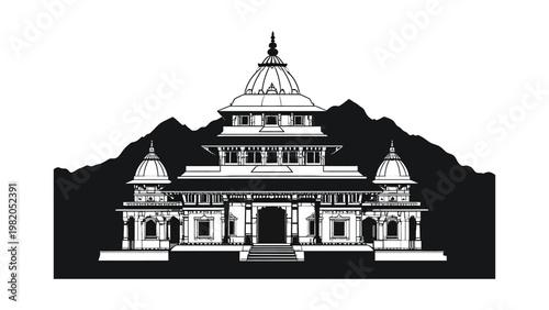 a black and white illustration of a buddhist temple.