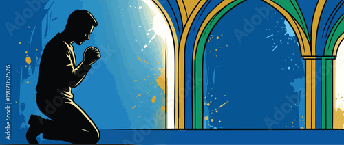 Praying Silhouette of a Person Kneeling in a Serene Sacred Light Illustration