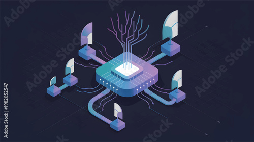 An isometric central computer chip connected to satellite dishes and a glowing digital circuit tree