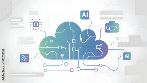 Cloud computing concept with AI text, circuit board lines, and digital on a light background