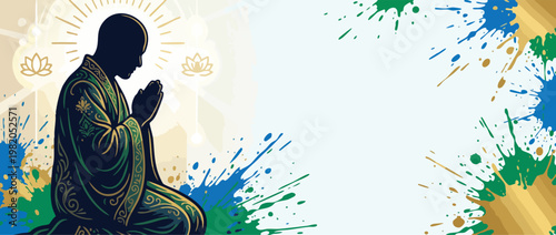 Praying Silhouette with Serene Light and Lotus Icons Ideal for Spiritual Content