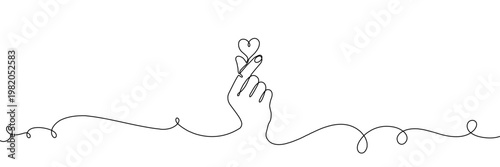 Continuous one line heart love hand korean finger icon care. Korean heart sign one line self valentine vector doodle symbol outline drawn art day drawing illustration print trend logo k gesture happy.