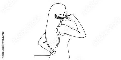 A simple black and white line drawing of a woman brushing her long hair with a hand held brush.