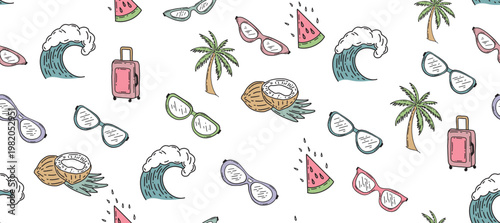 Summer pattern with Sunglasses, palm, summer, wave hand drawn illustration, vector.	
