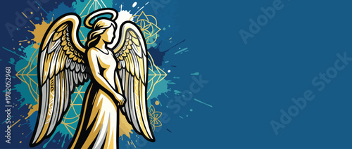 Radiant Angel Silhouette with Graceful Wings Sacred Presence on Blue Backdrop