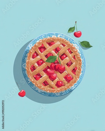Cherry Pie Rests on Decorative Plate in Vector Art Style