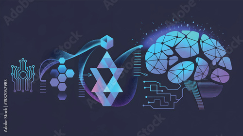 Digital brain with geometric shapes, circuit board lines, and data flow on a dark background