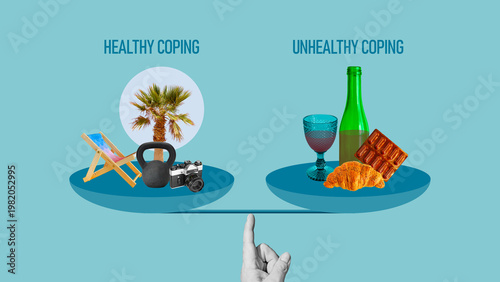 Healthy vs unhealthy coping mechanisms concept, stress management choices, lifestyle balance, mental health awareness, positive habits versus harmful behavior, self care and addiction risk comparison