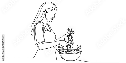 A continuous line drawing of a woman carefully washing fresh carrots inside a bowl of water