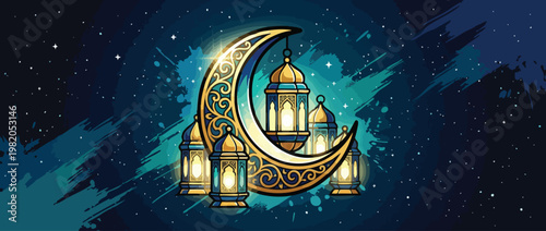 Ramadan Crescent Moon and Lanterns with Serene Night Glow and Soft Festival Lighting