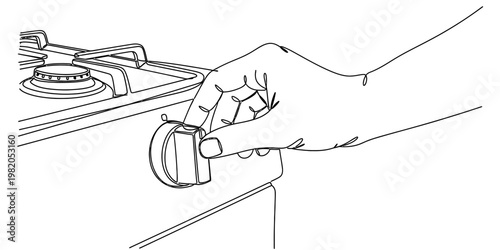 A black and white line drawing of a human hand turning the control knob on a modern kitchen stove
