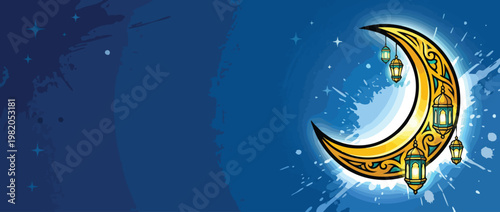 Ramadan Crescent Moon and Lanterns with Serene Night Glow for Quiet Blessing