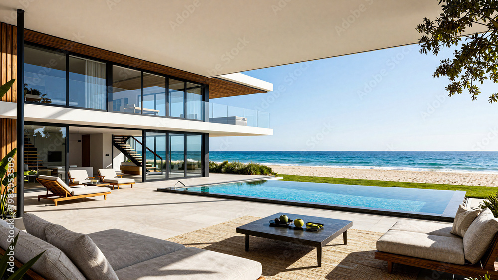 Fototapeta premium Luxury Beachfront Villa with Infinity Pool and Ocean View
