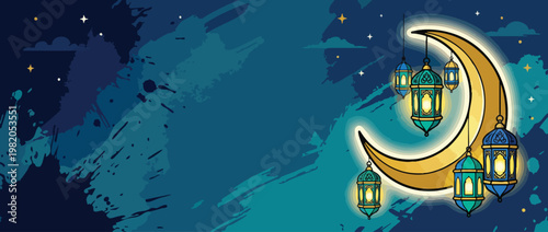 Ramadan Night Sky with Crescent Moon and Decorative Lanterns
