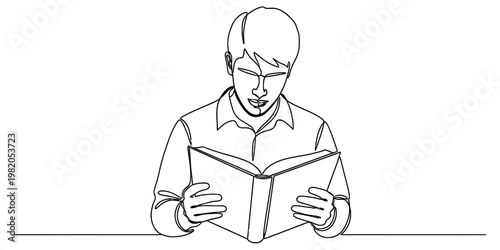 A continuous line drawing of a young man sitting and reading a book with intense concentration