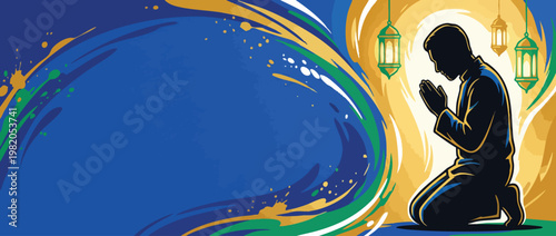 Respectful Praying Silhouette Serene Sacred Light Banner Illustration for Spiritual Themes