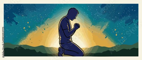 Silhouette Depicting Serene Praying Under a Sacred Light for Spiritual Peace