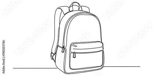 A simple black and white line drawing of a standard backpack standing on a flat horizontal surface