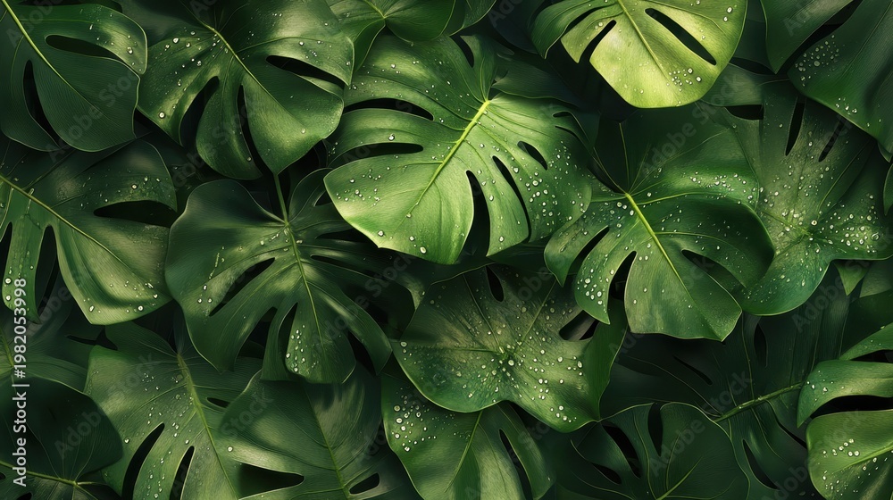 Fototapeta premium Lush Green Tropical Leaves with Water Droplets for Natural Aesthetic