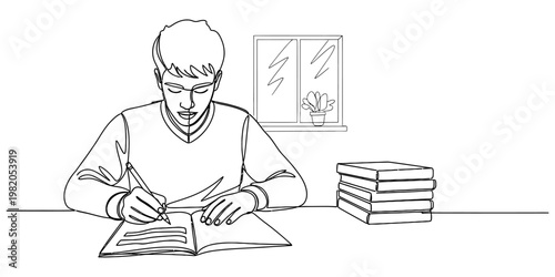 A young student sitting at a desk and writing in a notebook next to a stack of study textbooks