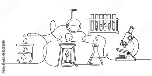 Continuous line drawing of scientific laboratory equipment for research and experimentation study
