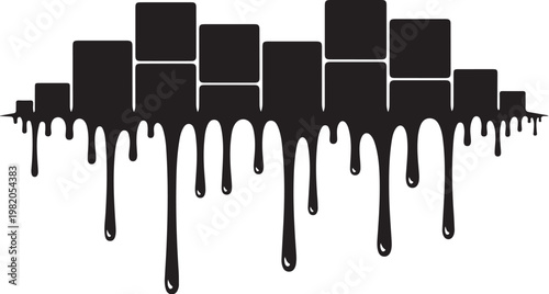 Black paint drips, urban graffiti wall, melted ink rectangles, abstract cityscape background