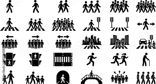 Pedestrian City Icons. Pedestrians in City. Line icon set of Pedestrians in City: walking crowd, single pedestrian, people crossing road, urban foot traffic,