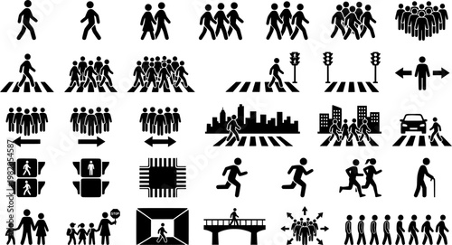 Pedestrian City Icons. Pedestrians in City. Line icon set of Pedestrians in City: walking crowd, single pedestrian, people crossing road, urban foot traffic,