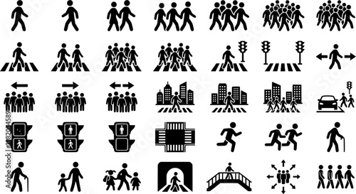 Pedestrian City Icons. Pedestrians in City. Line icon set of Pedestrians in City: walking crowd, single pedestrian, people crossing road, urban foot traffic,
