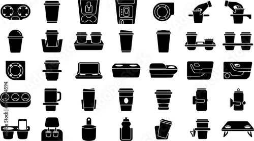 Minimal Travel Cup Holder. Line icon set of Minimal Travel Cup Holder: minimal cup holder, slim travel cup, clean console, simple insert
