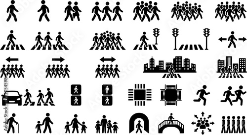 Pedestrian City Icons. Pedestrians in City. Line icon set of Pedestrians in City: walking crowd, single pedestrian, people crossing road, urban foot traffic,