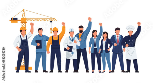 Diverse Professional Workers Celebrating International Labour Day with Raised Fists, Workforce Unity and Solidarity Concept Vector Illustration