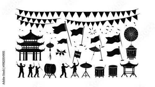 Chinese festival decorations and people celebrating.