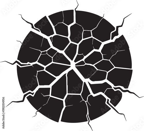 Cracked, broken, shattered circle, black and white vector graphic