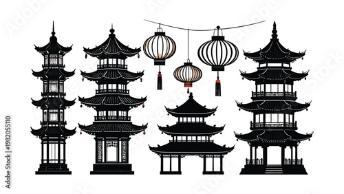 Chinese pagodas and lanterns illustration set.
