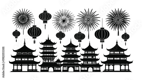 Chinese pagodas and lanterns silhouette illustration.