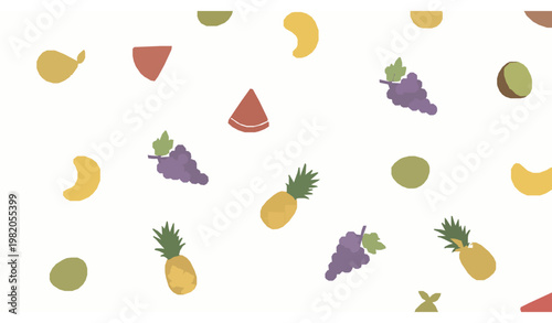 Playful abstract fruit pattern vector with mango watermelon pineapple grapes and kiwi in pastel modern style