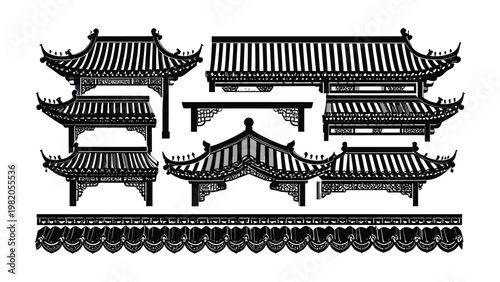 Black and white illustration of traditional Chinese architecture.