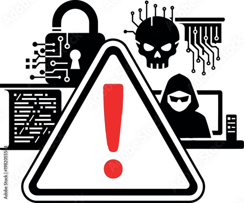 Cyber Security Threat Vector: Black and White Illustration of Hacker, Malware Skull, and Padlock with Red Warning Alert Sign, Cybersecurity Concept for Data Breach, Ransomware, and Online Safety
