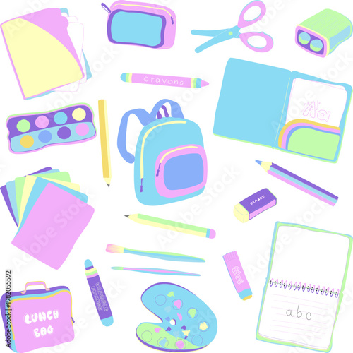 Kindergarten, school supplies set, back to school concept