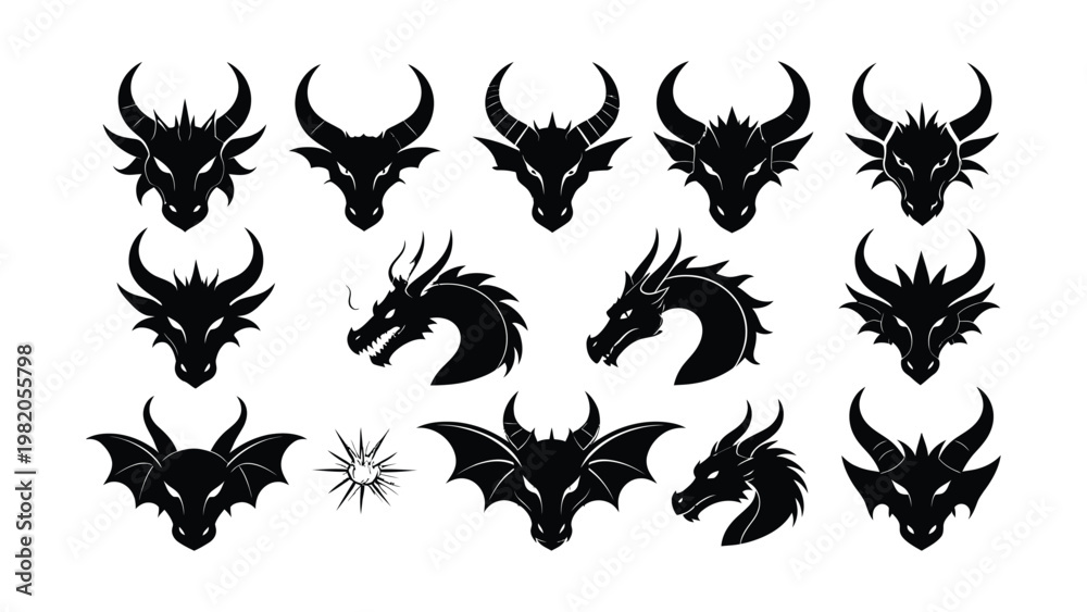 Fototapeta premium Collection of fantasy dragon heads and creatures.