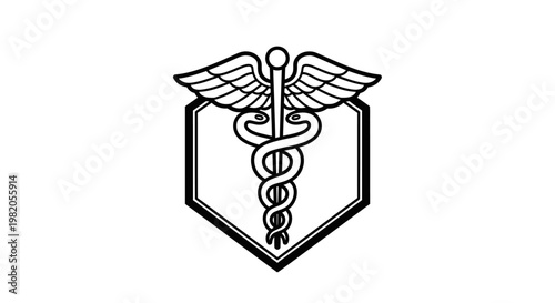 A black and white line art illustration of a caduceus symbol with wings and entwined snakes, set within a hexagonal shield.