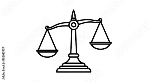 Simple black and white line art illustration of a classic balance scale, symbolizing justice, equality, and measurement.